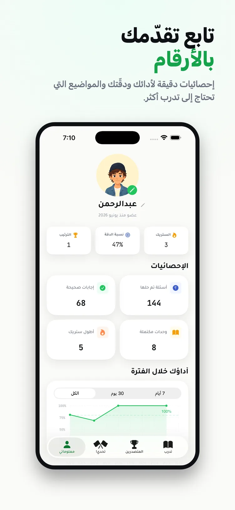 صفحة الإحصائيات ومتابعة التقدّم في تطبيق مساري للقدرات