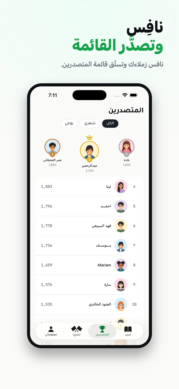 قائمة المتصدرين في تطبيق مساري للقدرات